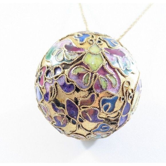 Large Globe Ball Butterfly Design Cloisonne Pendant Necklace - Picture 4 of 16